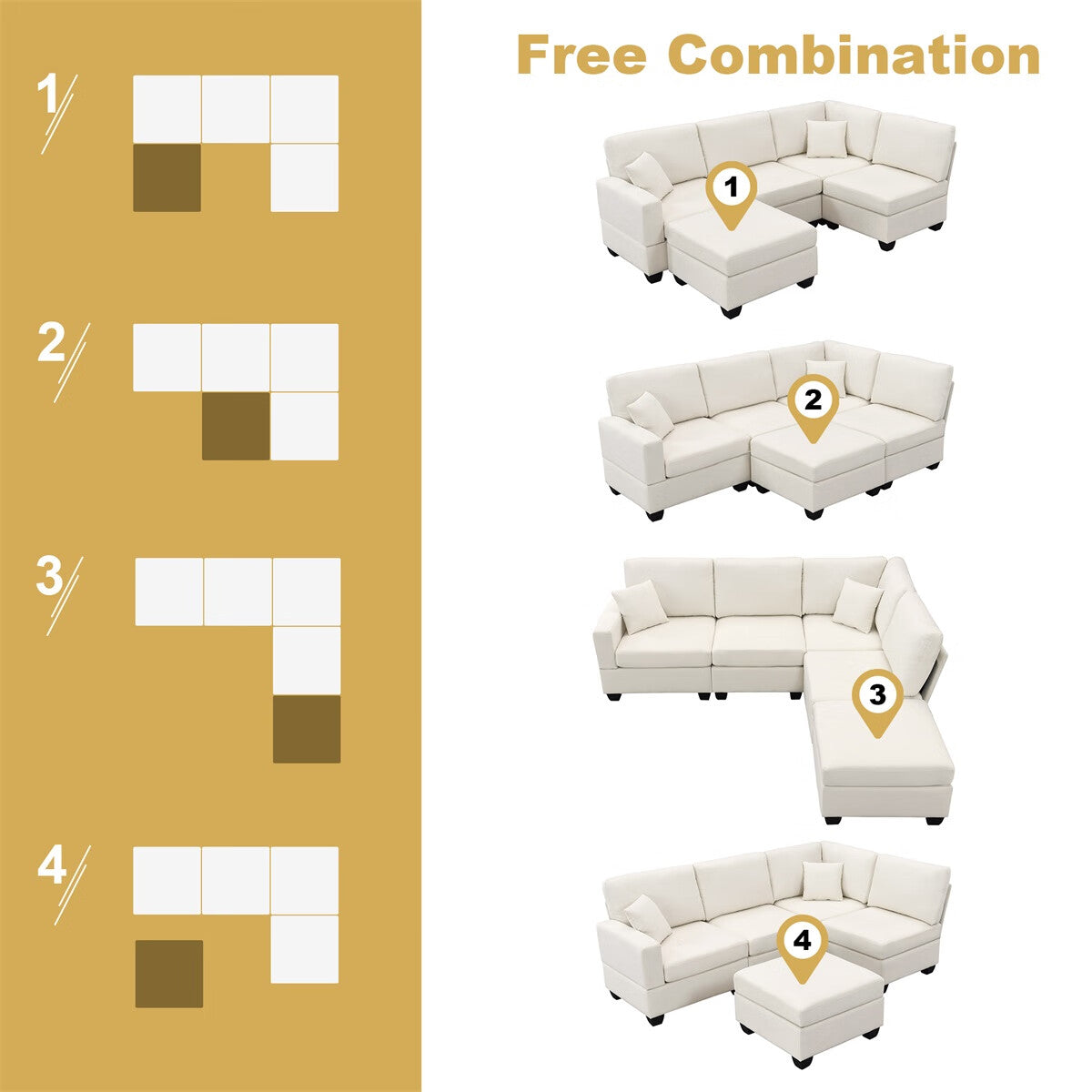 Modular Linen Fabric Sectional Sofa with Ottoman and 2 Pillows U508567