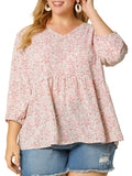 Plus Size Babydoll Floral 3/4 Sleeve Peplum Blouse K842961