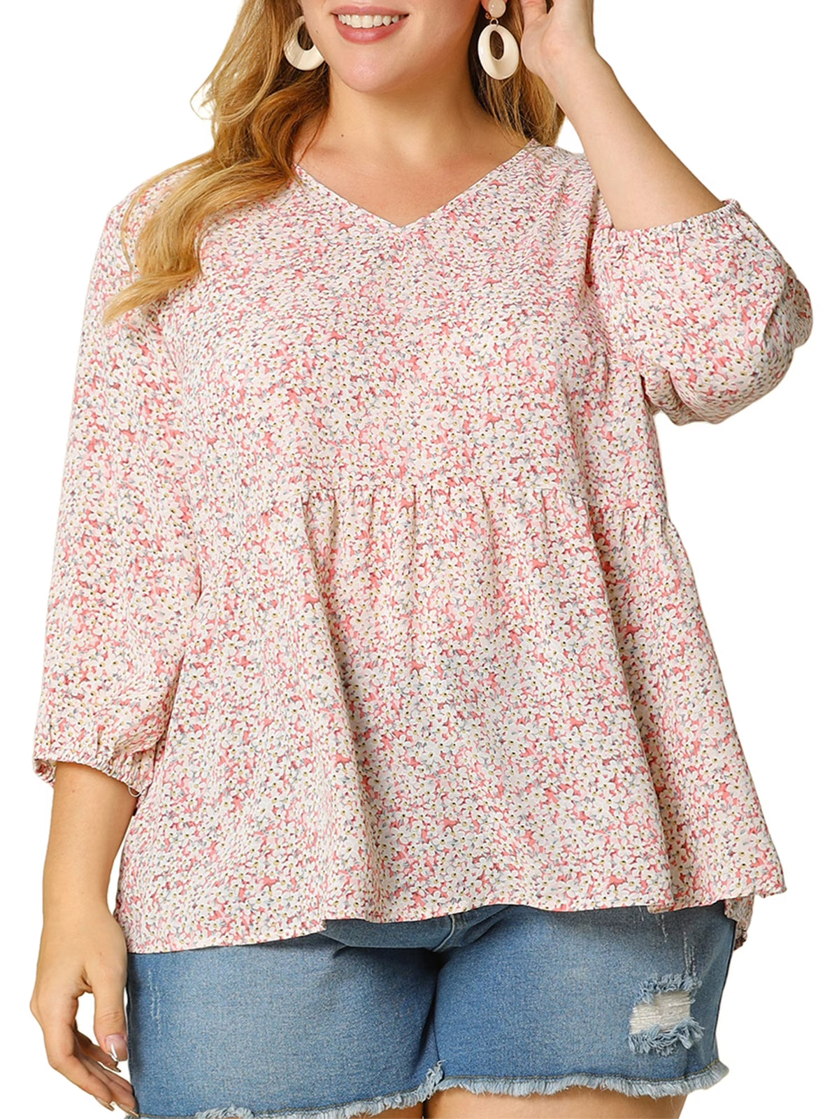 Plus Size Babydoll Floral 3/4 Sleeve Peplum Blouse K842961