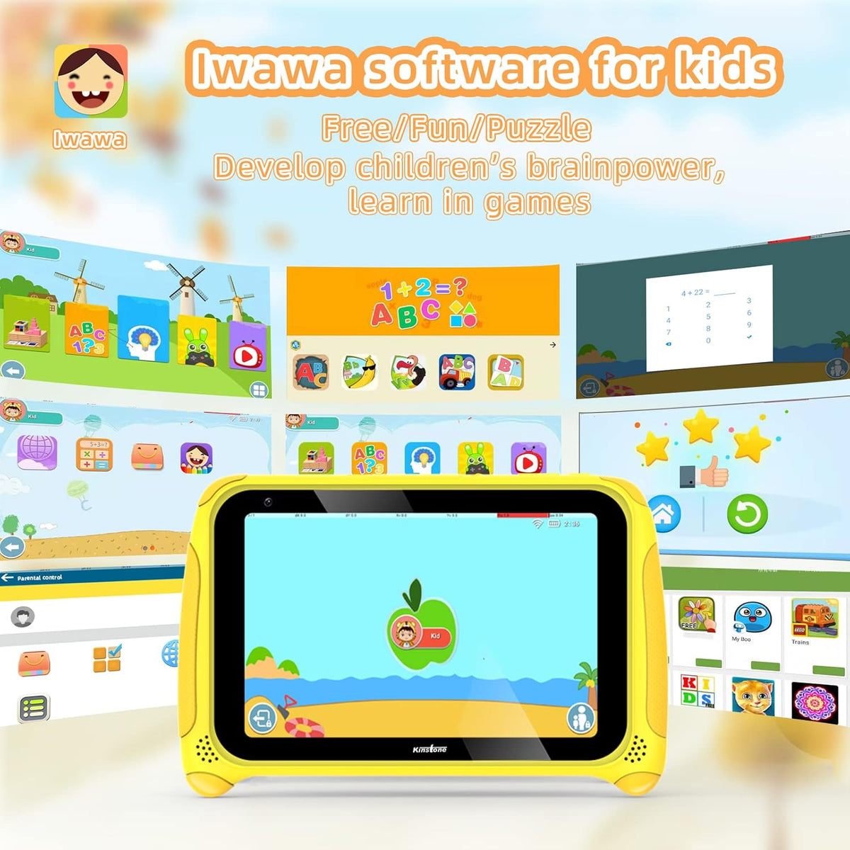 Yellow 7 inch Kids Tablet Android 11 Quad Core 2GB RAM 32GB Dual Camera WiFi Bluetooth 4.2 Pack of 2 F64576