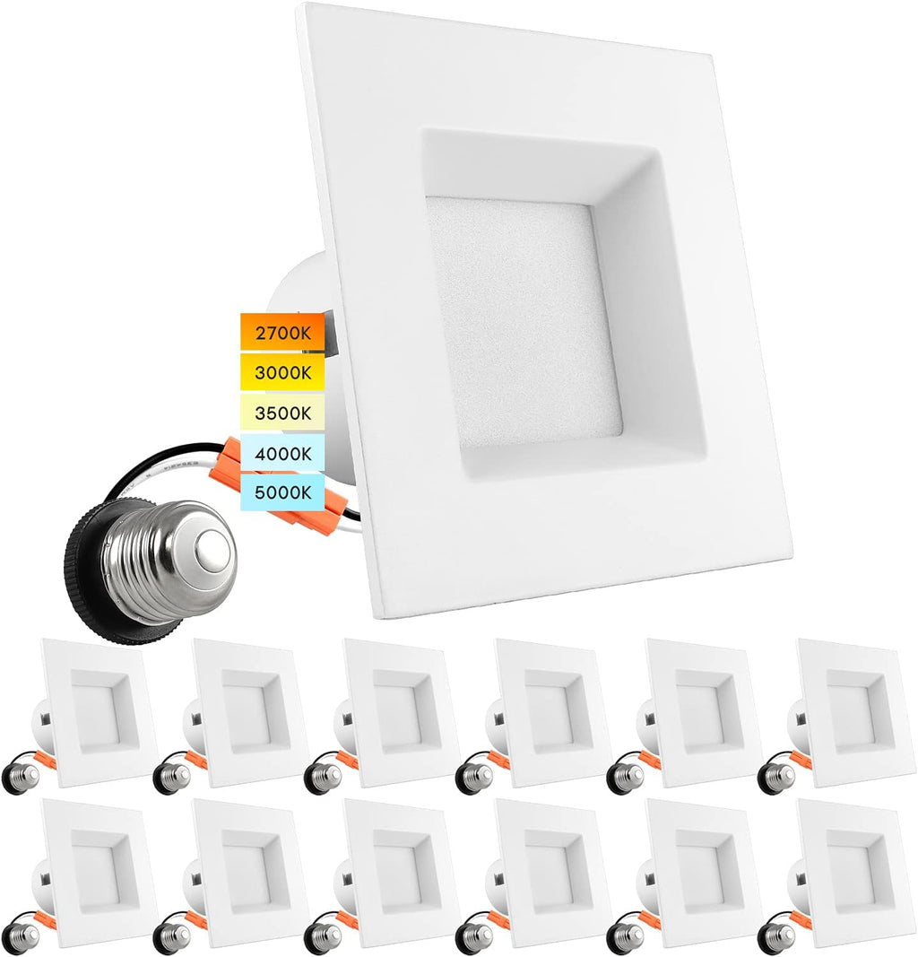 4 Inch Square Recessed LED Can Lights, Selectable CCT, Dimmable, 750 Lumens, CRI 90, Wet Rated (4 Pack) Z9111