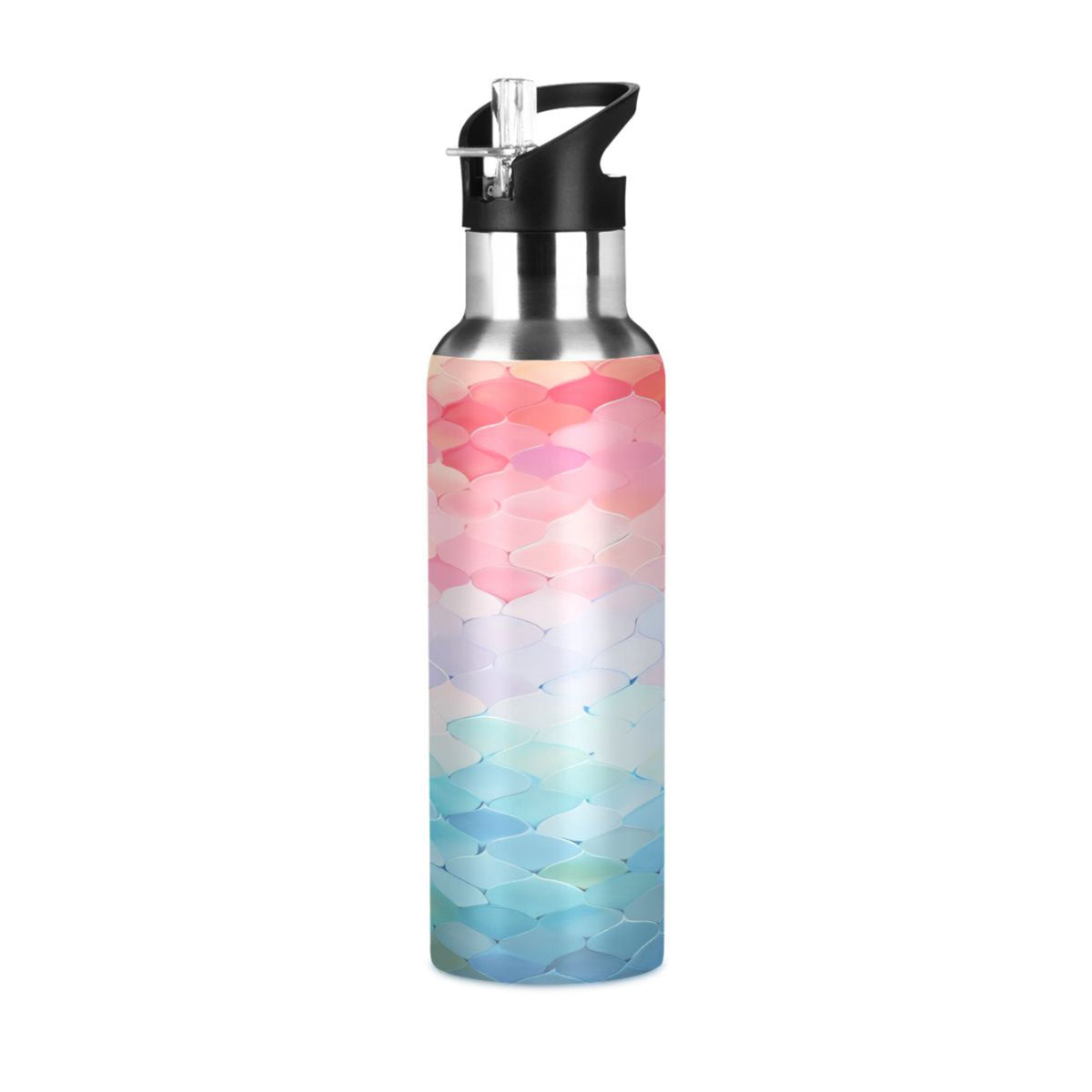 Blue and Pink Pattern Stainless Steel Insulated Water Bottle with Straw Lid Q4546