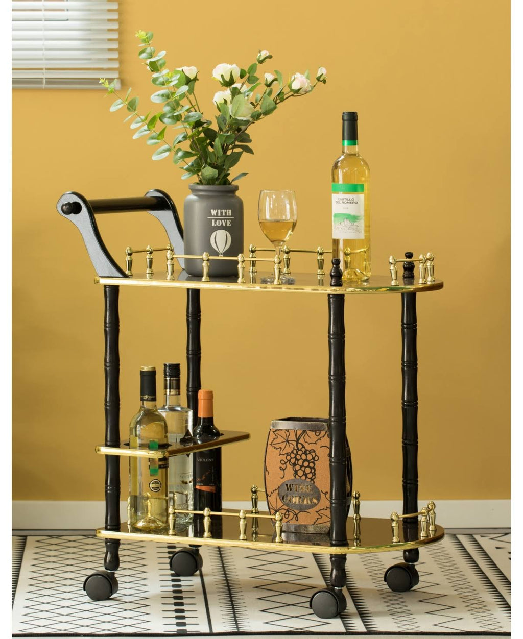Gold Black and White Wood Serving Bar Cart with 2 Tier Shelves and Rolling Wheels Z441200