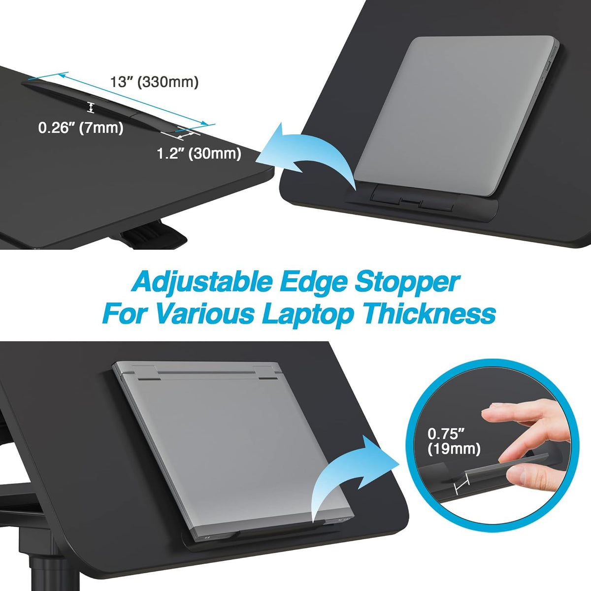 Black Mobile Standing Desk with Split Top Tilting Tray and Brake Casters D860