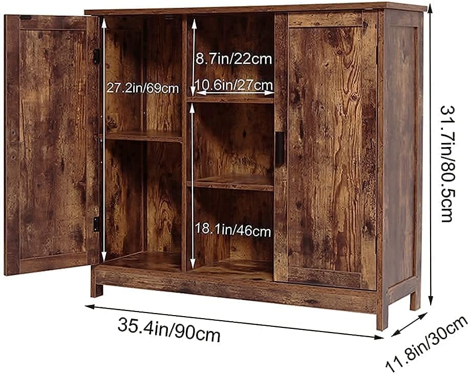 Retro Brown Wooden Floor Storage Cabinet with 2 Doors and 2 Open Shelves O338