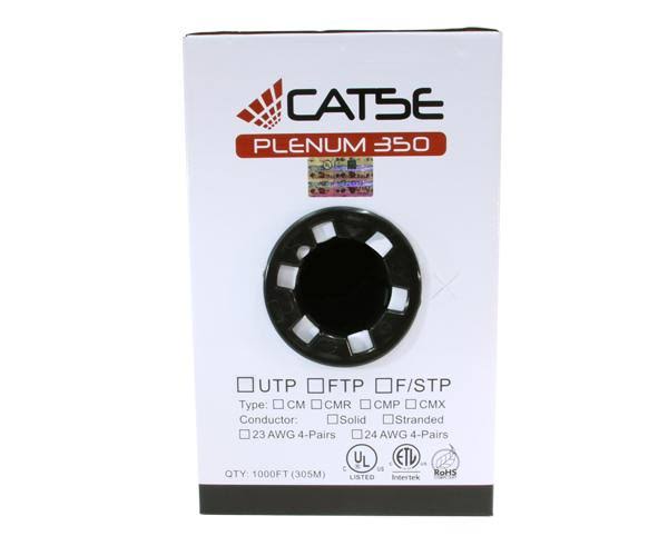 Cat5e Plenum Bulk Ethernet Cable, Solid Copper UTP, 24 AWG 1000ft, Black F618
