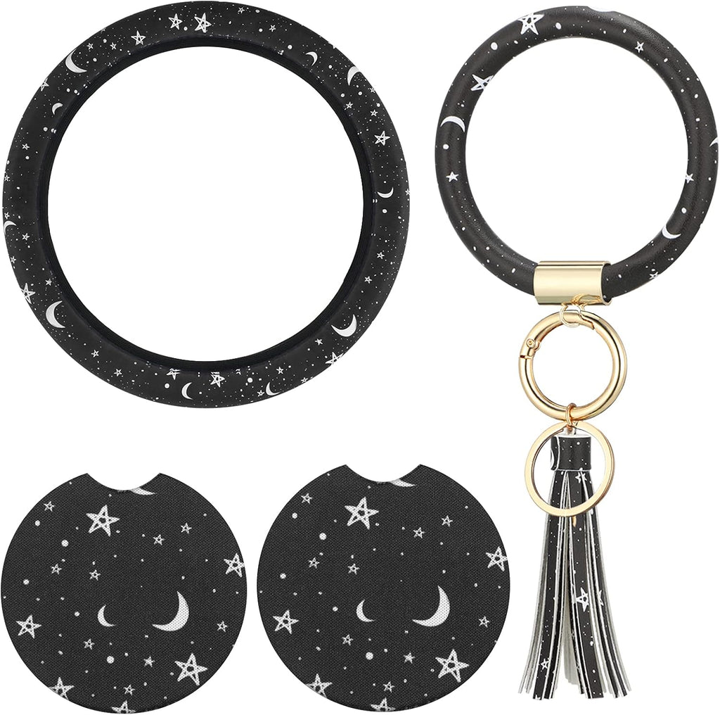 Black Moons White Stars Print Car Accessories Set Steering Wheel Cover with 2 Pieces Car Coasters and Leather Keyring V5042