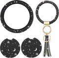 Black Moons White Stars Print Car Accessories Set Steering Wheel Cover with 2 Pieces Car Coasters and Leather Keyring V5042