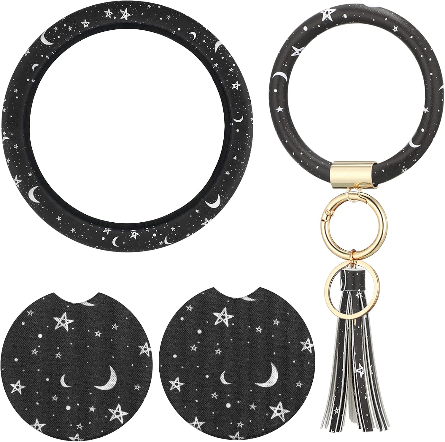 Black Moons White Stars Print Car Accessories Set Steering Wheel Cover with 2 Pieces Car Coasters and Leather Keyring V5042