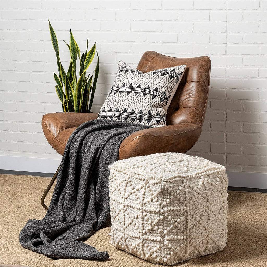 Ivory Wool Square Pouf C9255