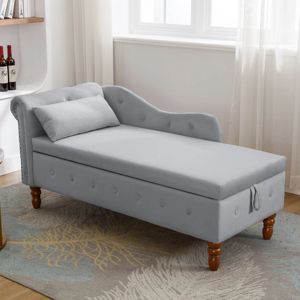 Grey Velvet Chaise Lounge with Storage and Pillow M4310