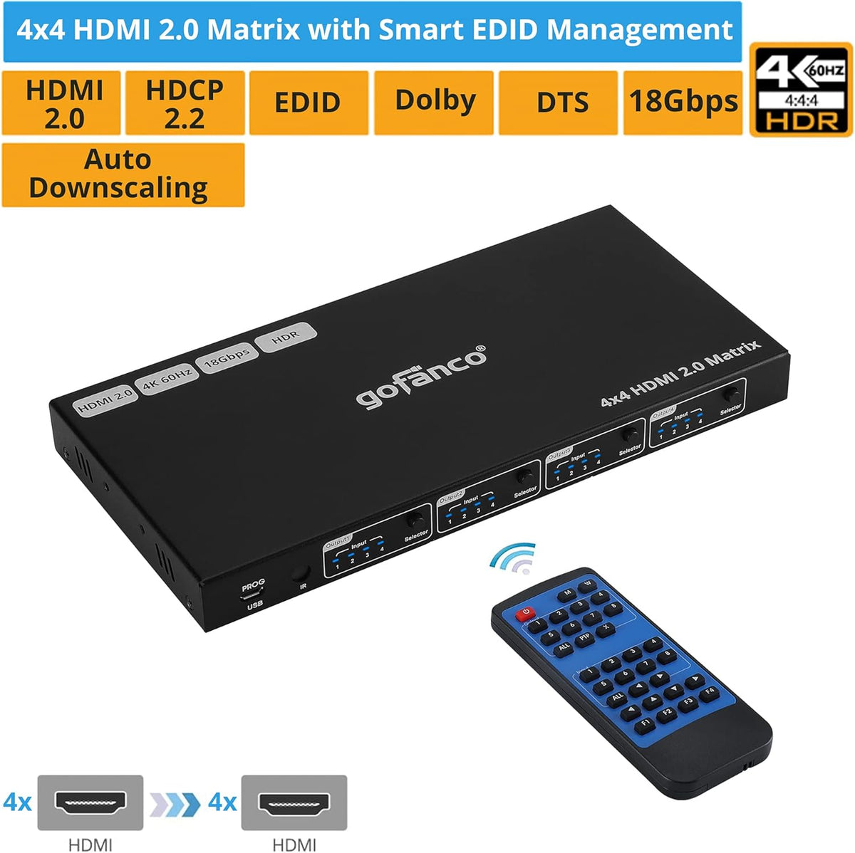 4x4 HDMI Matrix Switch, 4K 60Hz 4:4:4, HDMI 2.0, HDCP 2.2/1.4, 4 in 4 Out C839460