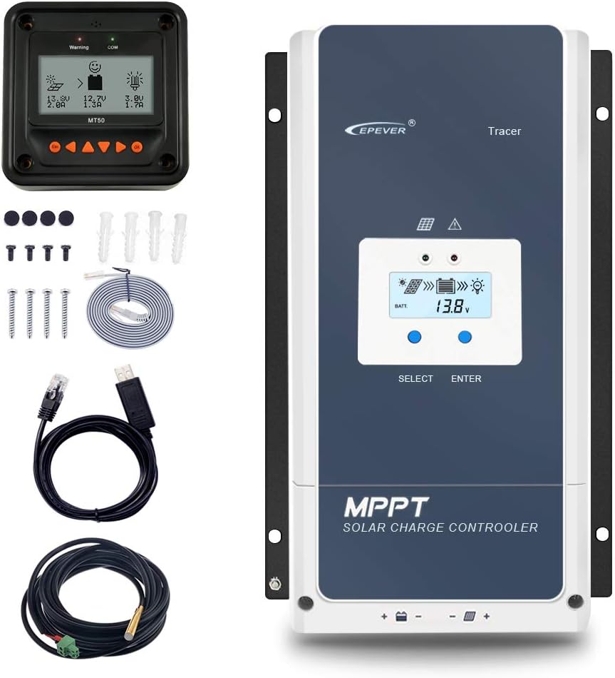 80A MPPT Solar Charge Controller 12V/24V/36V/48V Auto Max.PV 150V Input Negative Ground with MT50 Remote Meter Temperature Sensor RTS & PC Communication Cable RS485 U63752
