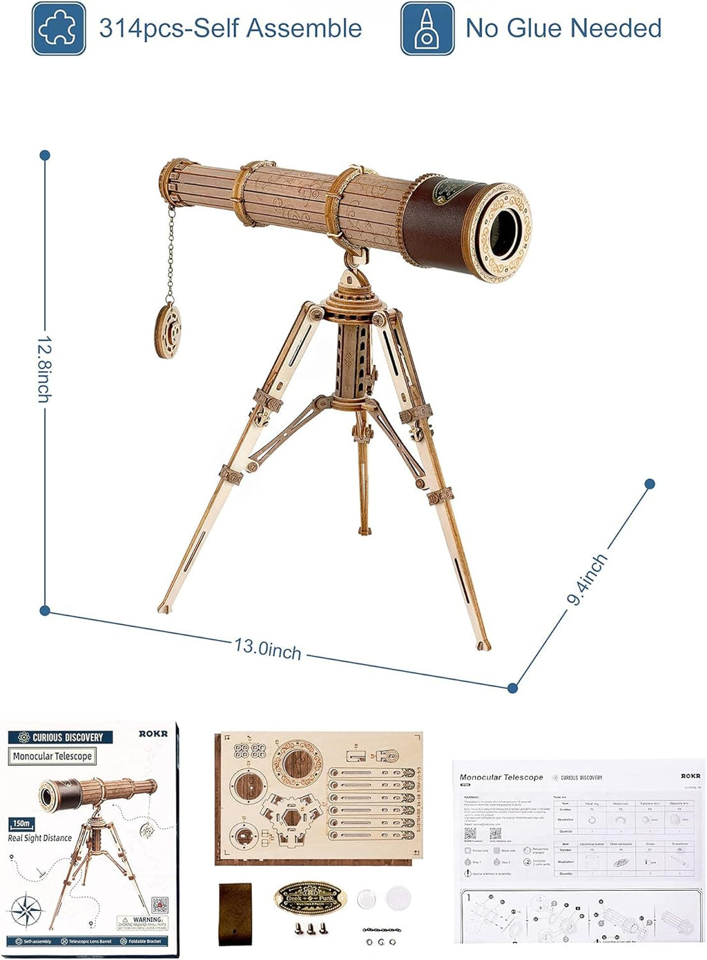 3D Wooden Telescope Building Model Kit with Tripod A345