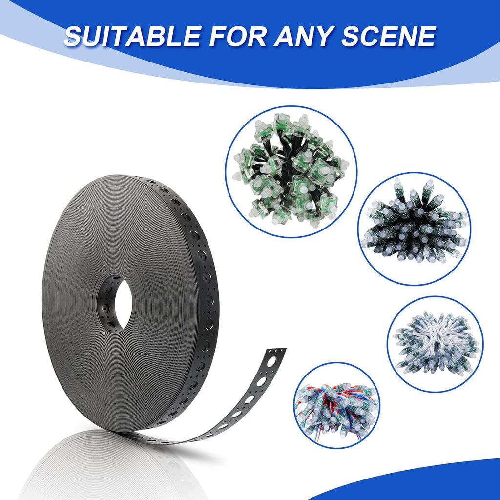 Black Mounting Strip for 12mm RGB Pixel Node, 50meter/Roll, 1 inch Hole Spacing, 30mm Wide, 1.6mm Thick, Pack of 2 T11135