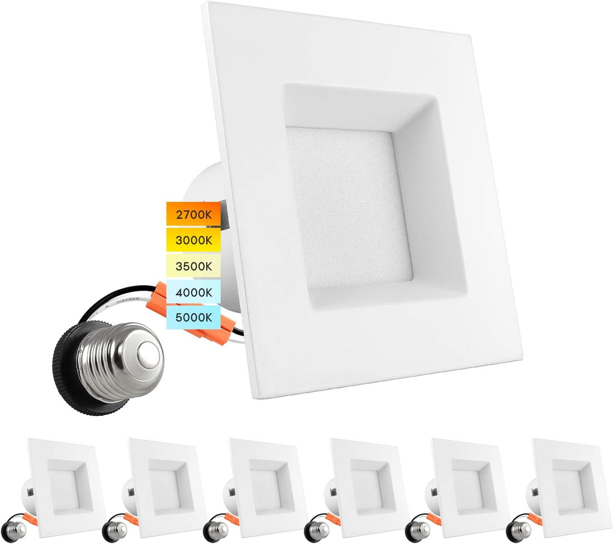 4 Inch Square Recessed LED Can Lights, Selectable CCT, Dimmable, 750 Lumens, CRI 90, Wet Rated (4 Pack) Z9111