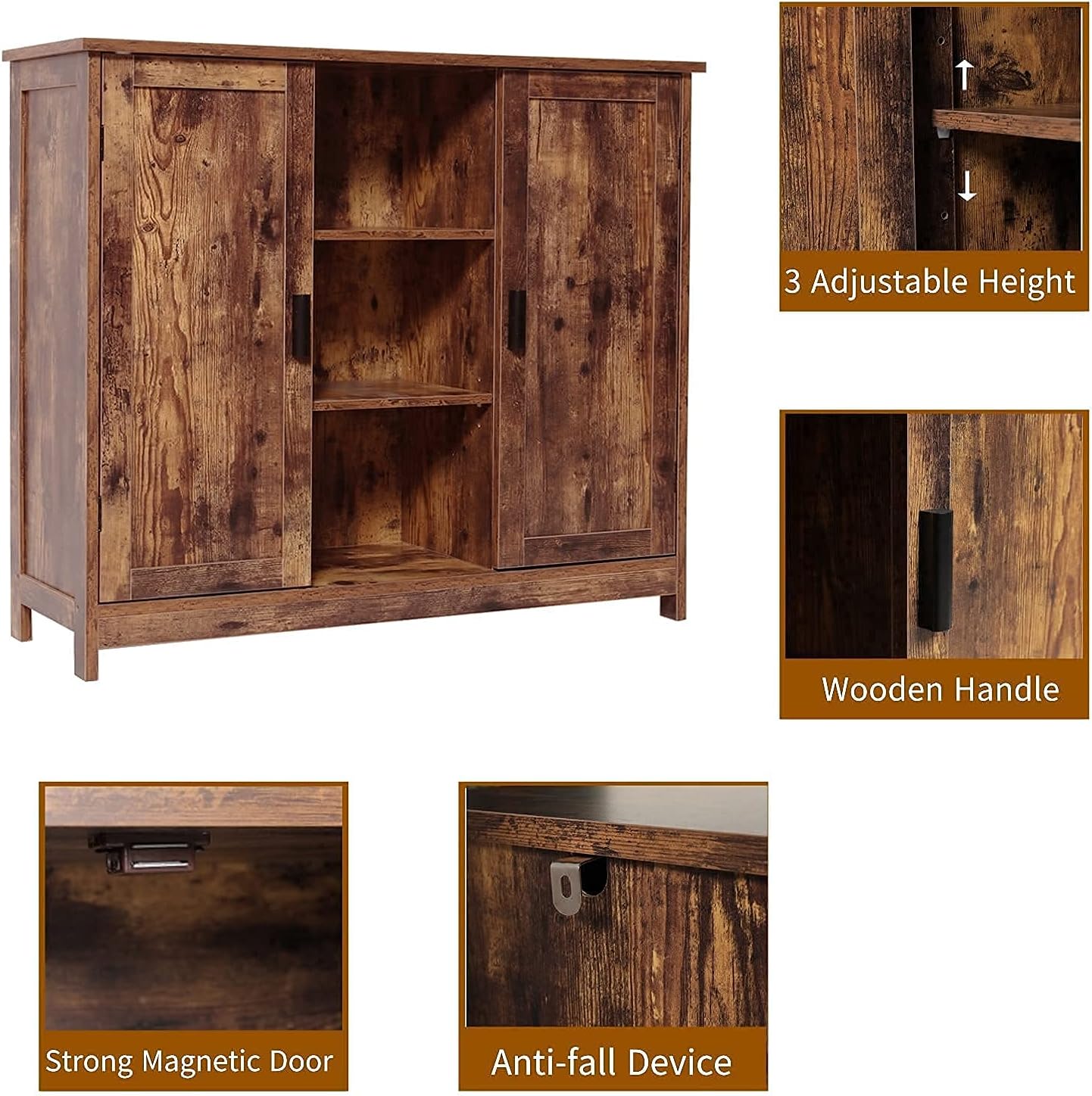 Retro Brown Wooden Floor Storage Cabinet with 2 Doors and 2 Open Shelves O338