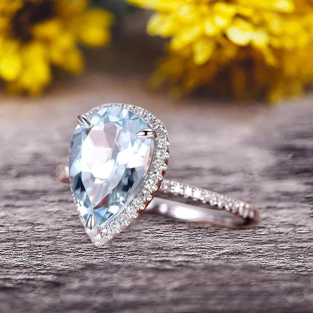 Pear Shaped Aquamarine Engagement Ring 10k White Gold Halo Setting R9062