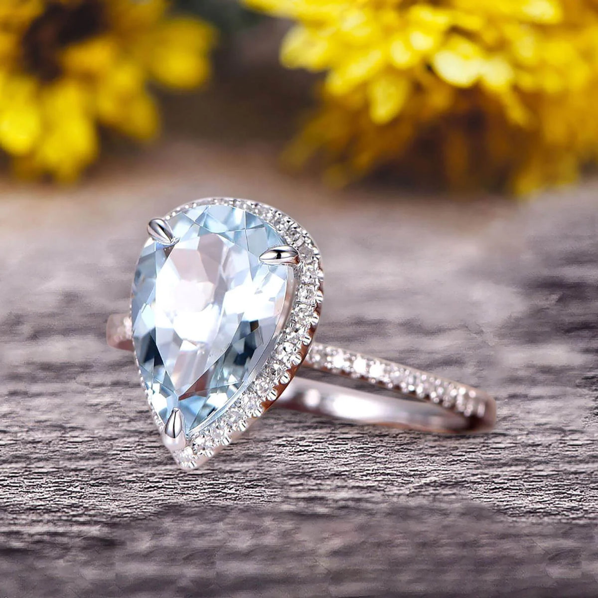 Pear Shaped Aquamarine Engagement Ring 10k White Gold Halo Setting R9062