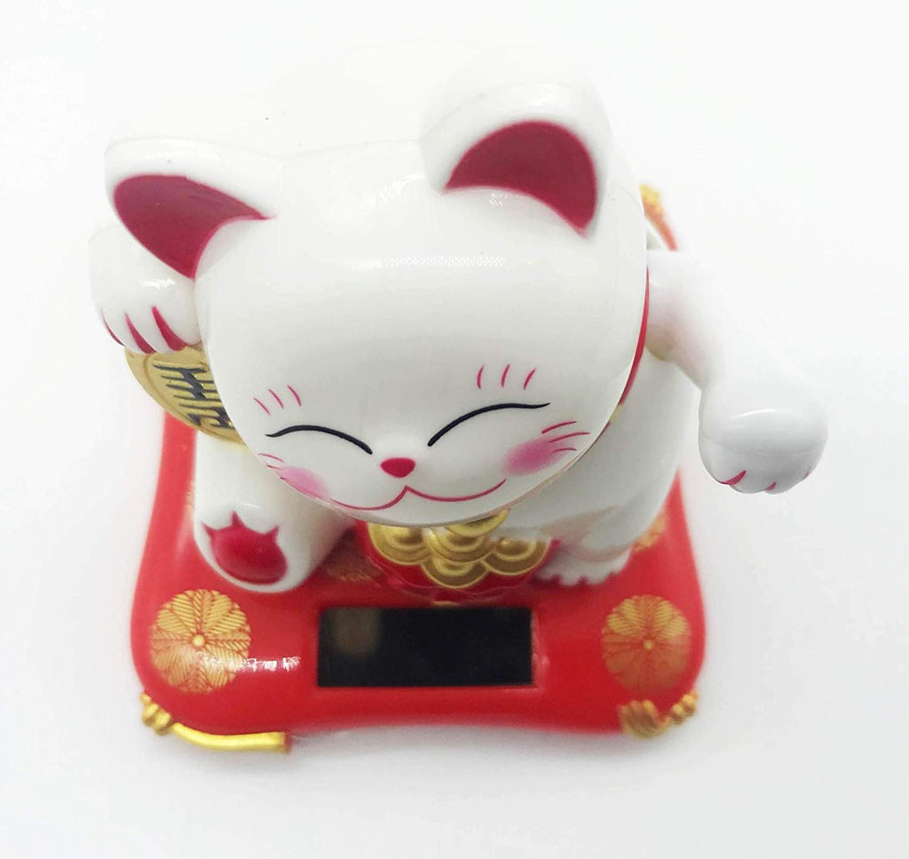White Mini Solar Powered Cat with Waving Arm Pack of 2 C769