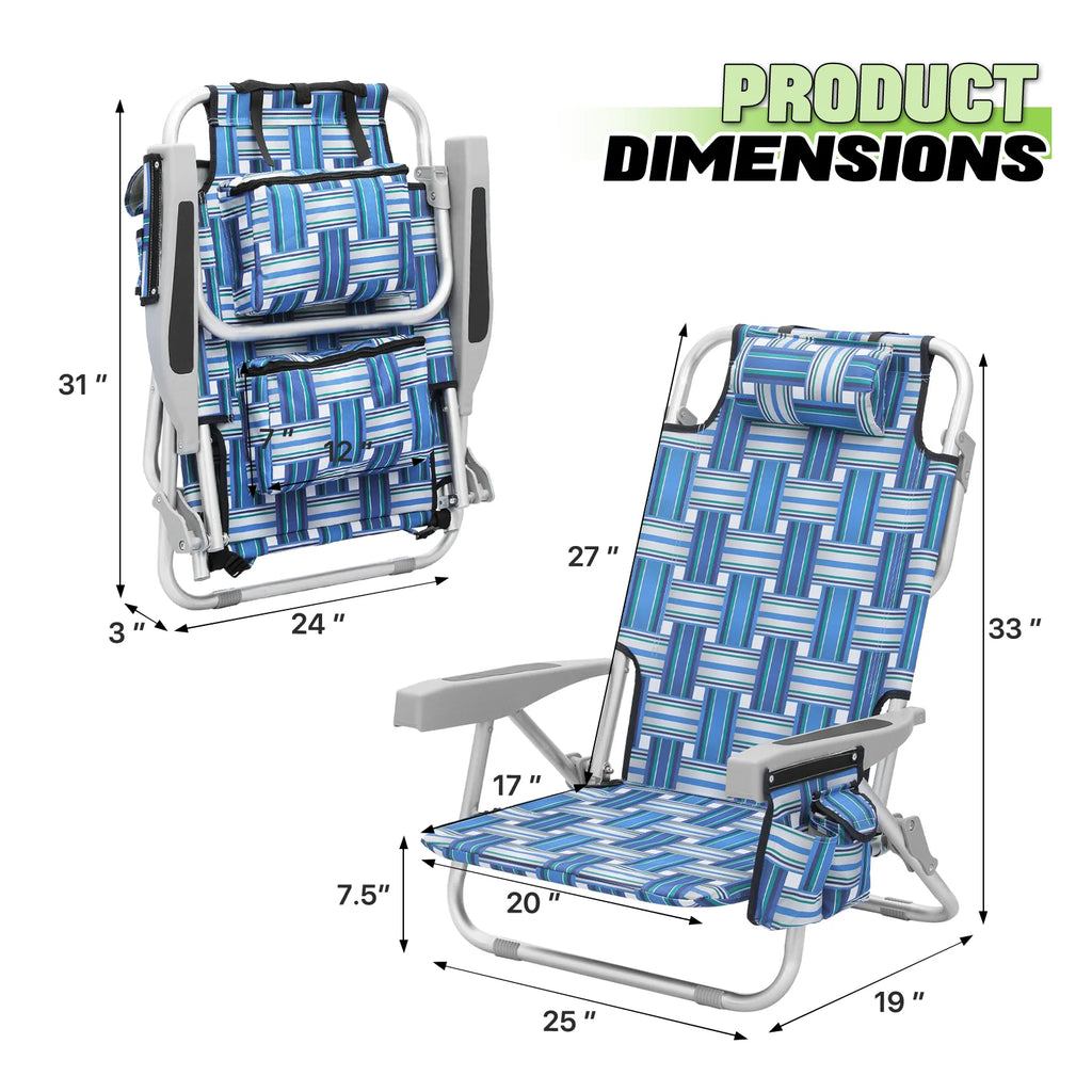 Blue Stripes Folding Beach Chairs Set of 2 with Side Pocket Y732773
