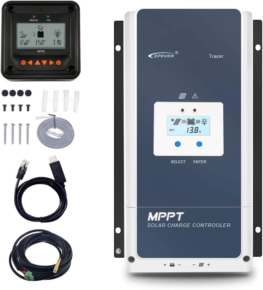 80A MPPT Solar Charge Controller 12V/24V/36V/48V Auto Max.PV 150V Input Negative Ground with MT50 Remote Meter Temperature Sensor RTS & PC Communication Cable RS485 U63752