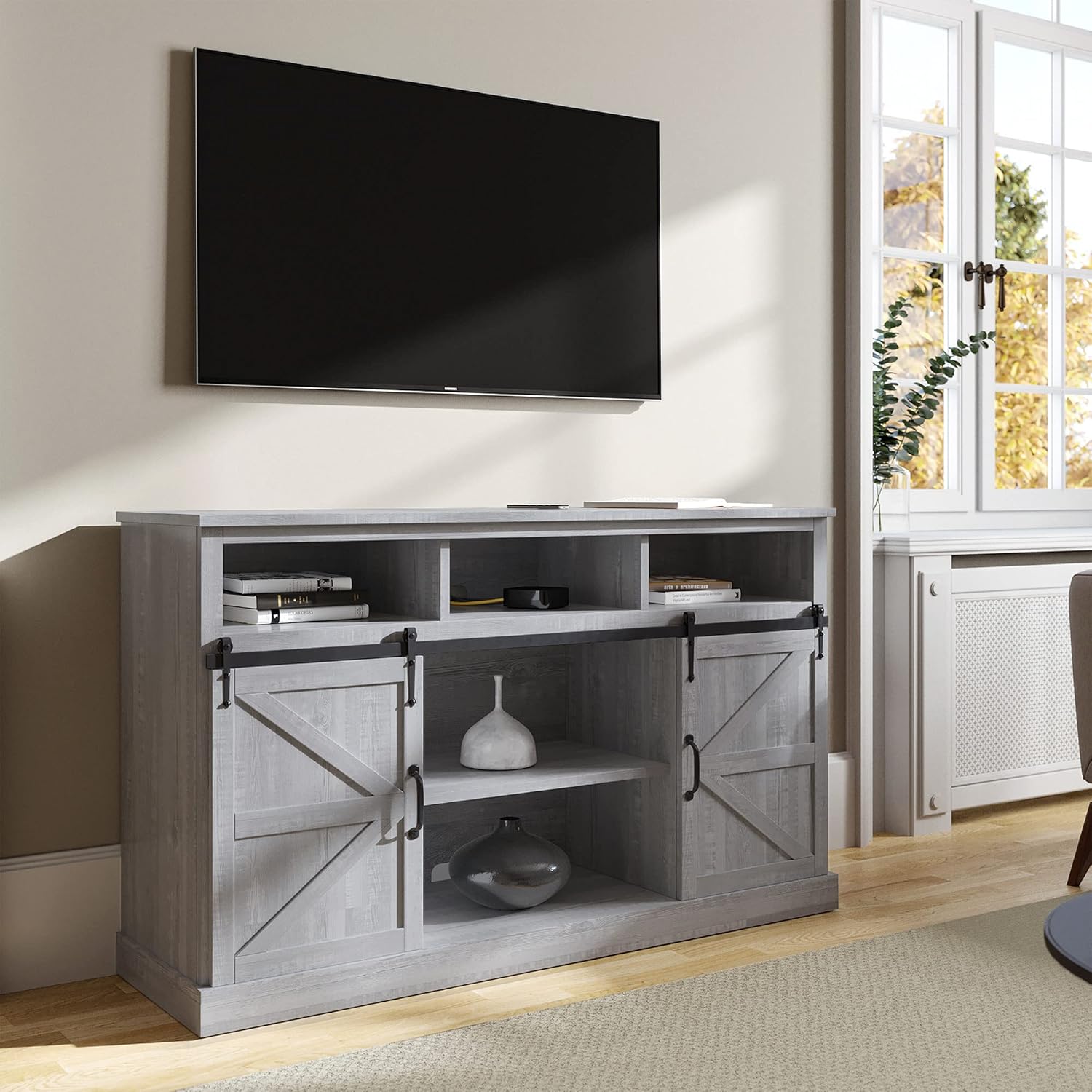 52 Inch TV Stand with Sliding Barn Door and Storage Cabinets (Espresso) U17605