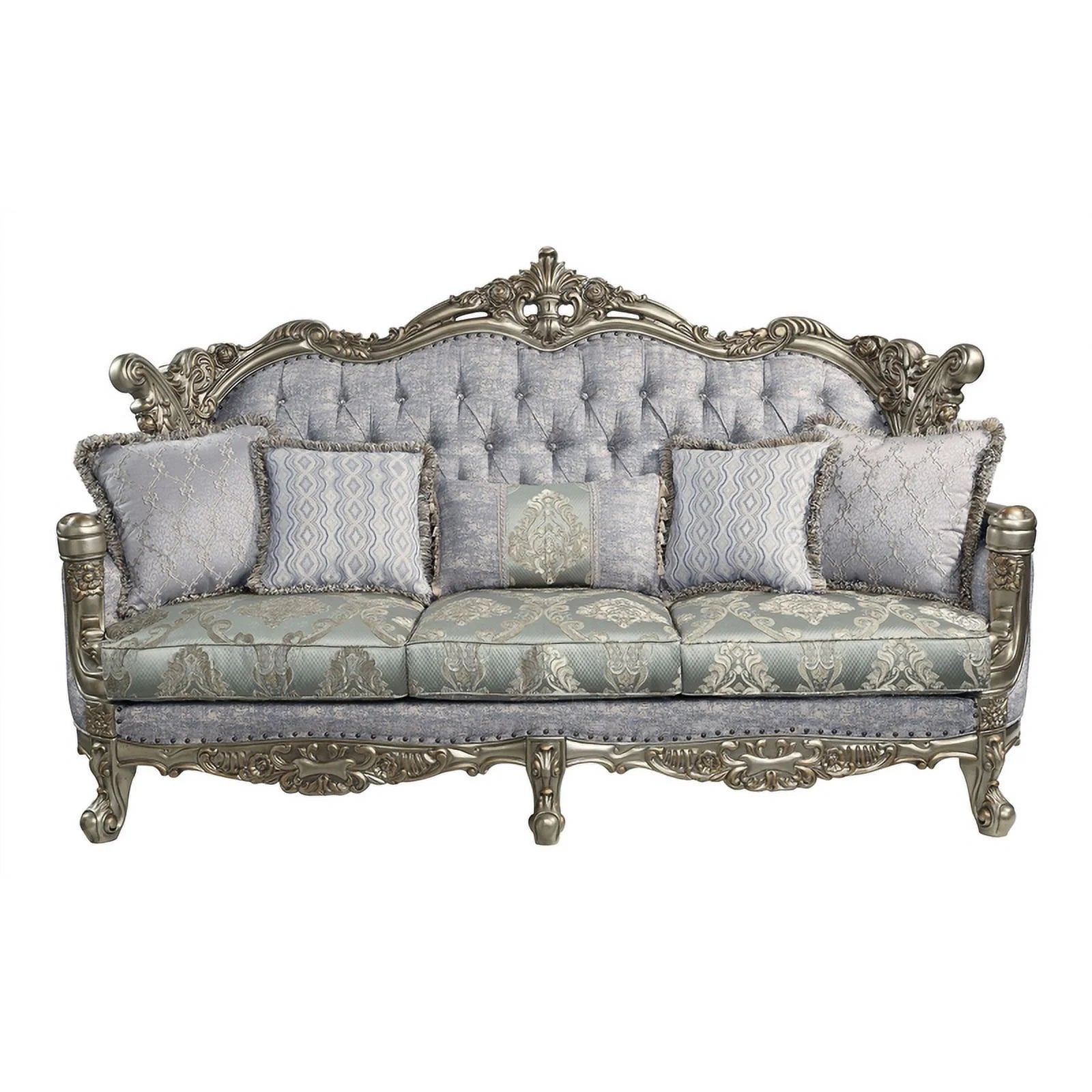 Tufted Fabric & Wood Sofa with 5 Pillows in Gray/Bronze X206