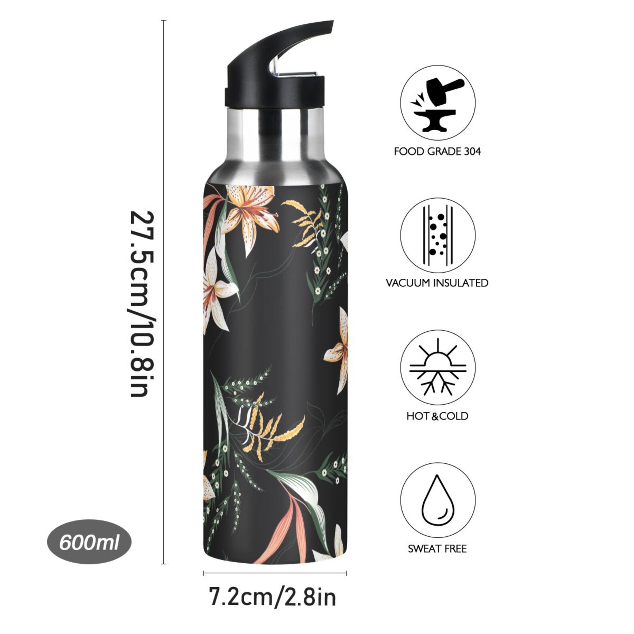 Black Stainless Steel Insulated Water Bottle with Straw Lid P736