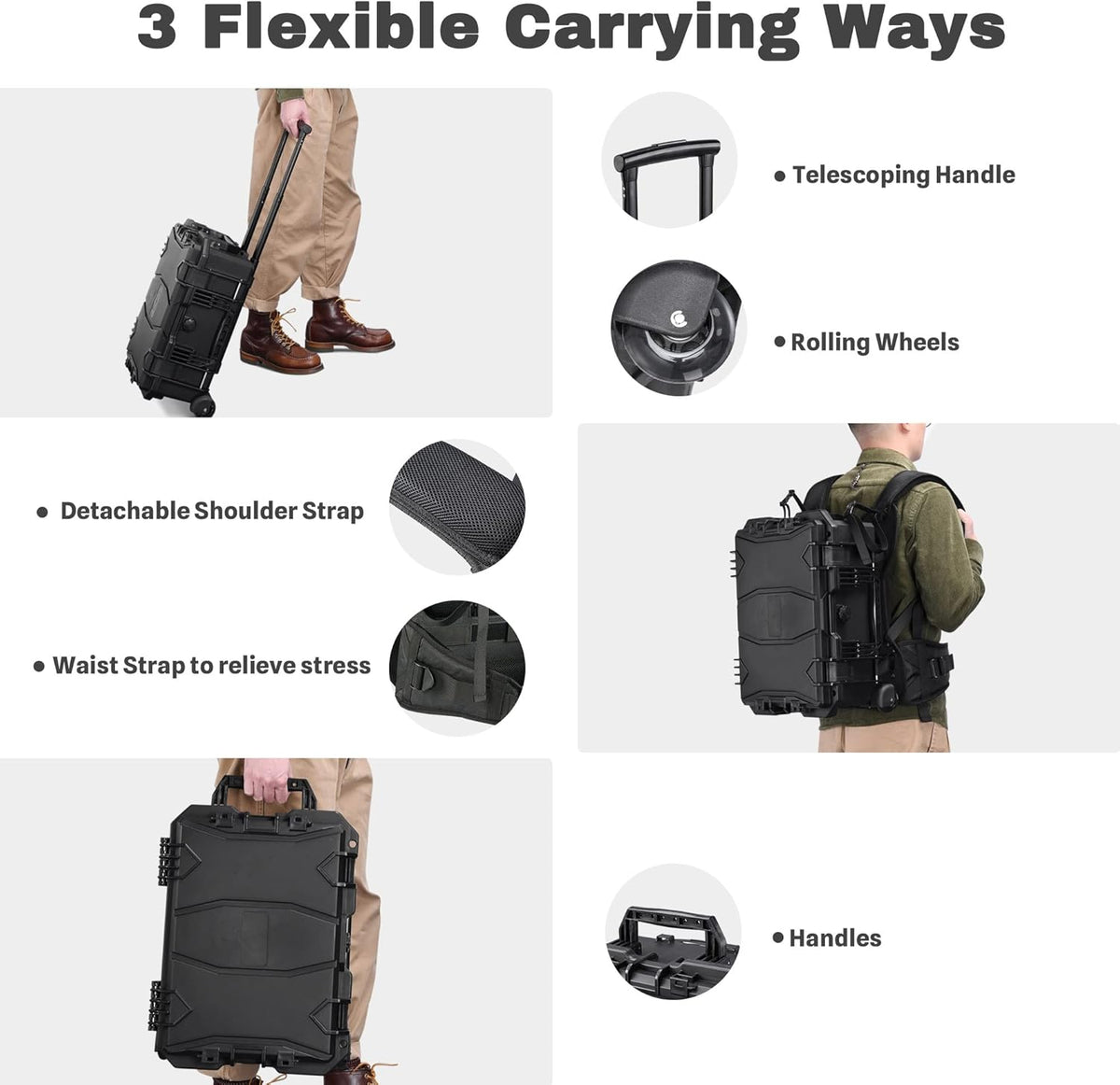 Black Rolling Waterproof Hard Camera Case with Wheels R266