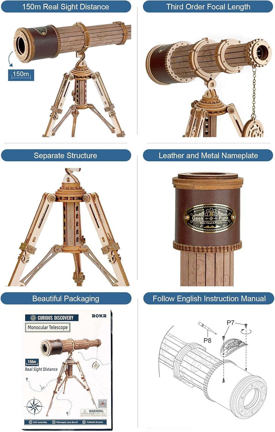 3D Wooden Telescope Building Model Kit with Tripod A345