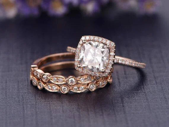 Cushion Moissanite Trio Wedding Set with 18k Gold Plating B27057