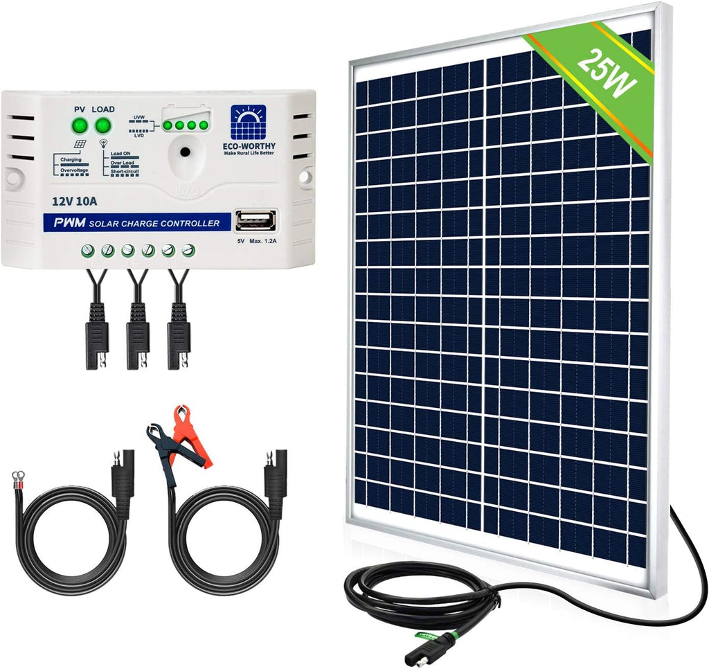25 Watts 12V Waterproof 25W Solar Panel SAE Connection Cable 10A Charge Controller Pack of 2 G6499
