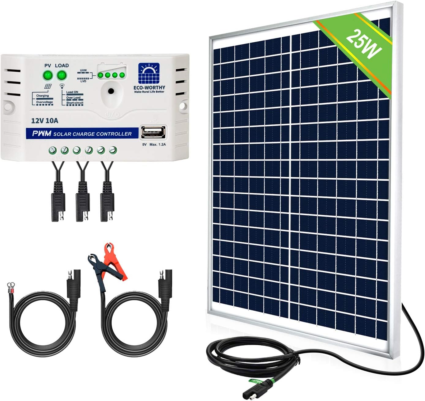 25 Watts 12V Waterproof 25W Solar Panel SAE Connection Cable 10A Charge Controller Pack of 2 G6499