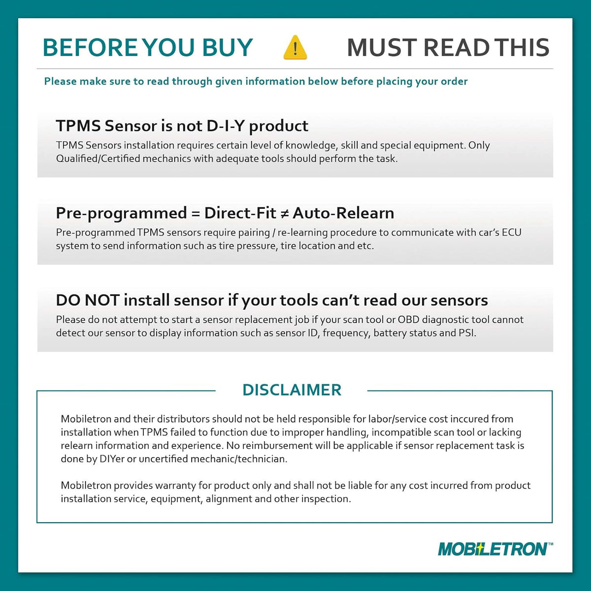 433MHz TPMS Tire Pressure Sensor 4-Pack Y274691