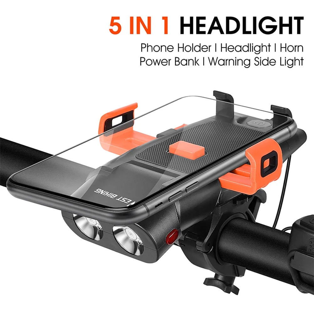 5in1 Bike Front Bracket Lamp Horn Mobilephone Holder Warning Bell Powerbanks USB Rechargeable Cycling Accessories H29687