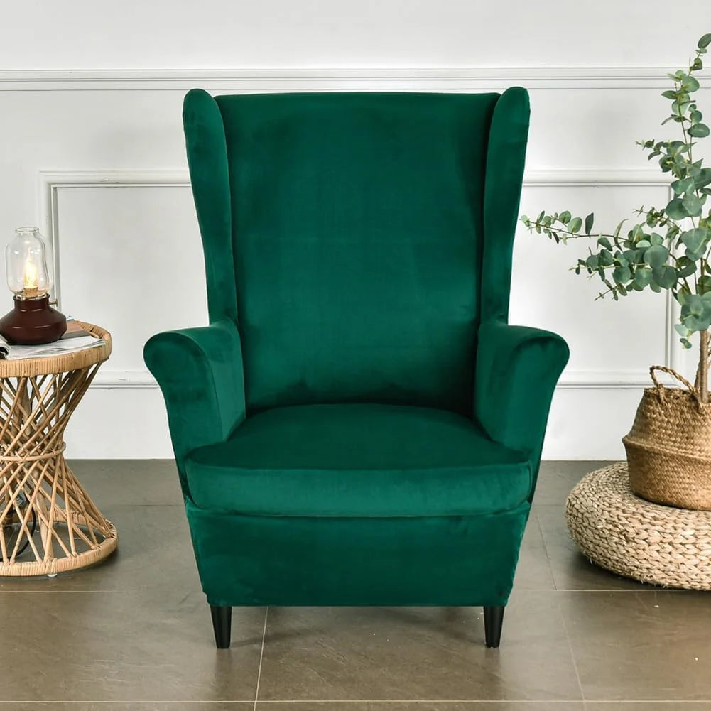 Dark Green Velvet Stretch Wingback Chair Sofa Slipcover with Elastic Bottom M343689