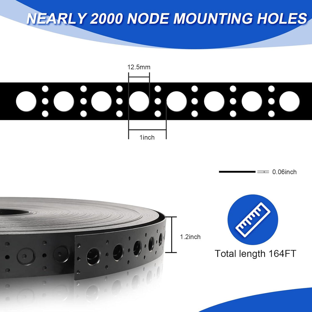 Black Mounting Strip for 12mm RGB Pixel Node, 50meter/Roll, 1 inch Hole Spacing, 30mm Wide, 1.6mm Thick, Pack of 2 T11135