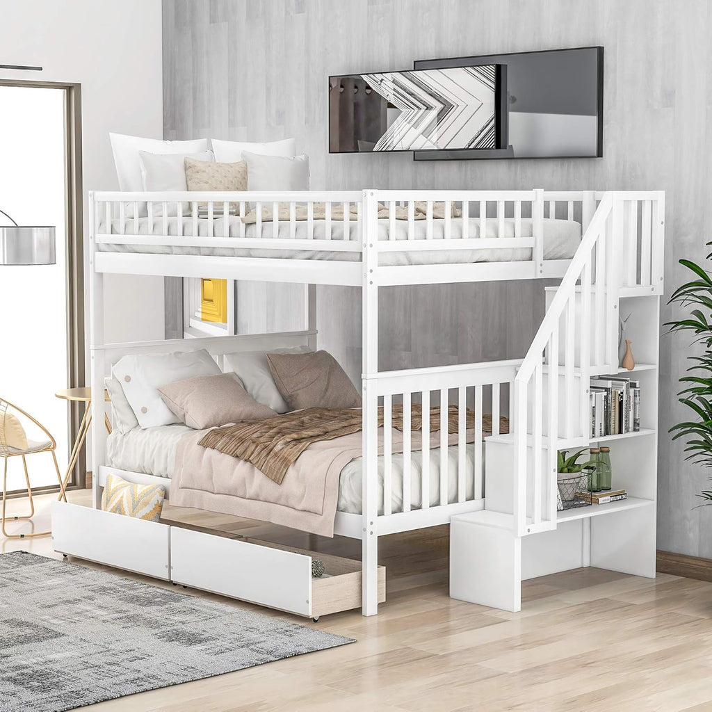 Solid Wood Twin-Over-Twin Stairway Bunk Bed Frame with Storage and Guard Rail Y806