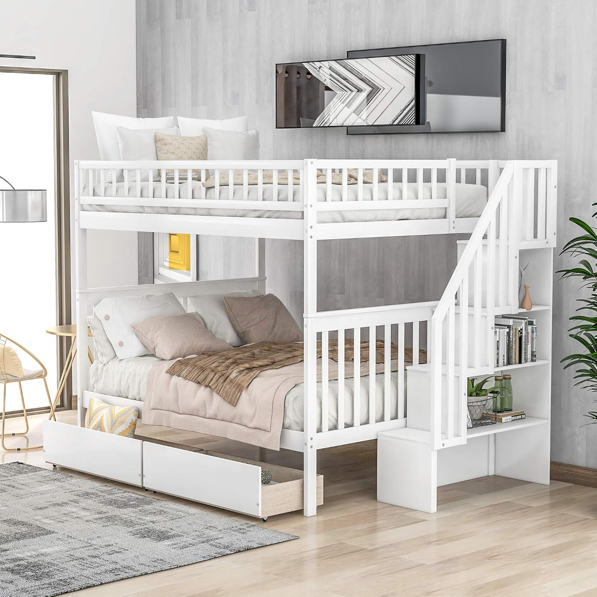 Solid Wood Twin-Over-Twin Stairway Bunk Bed Frame with Storage and Guard Rail Y806