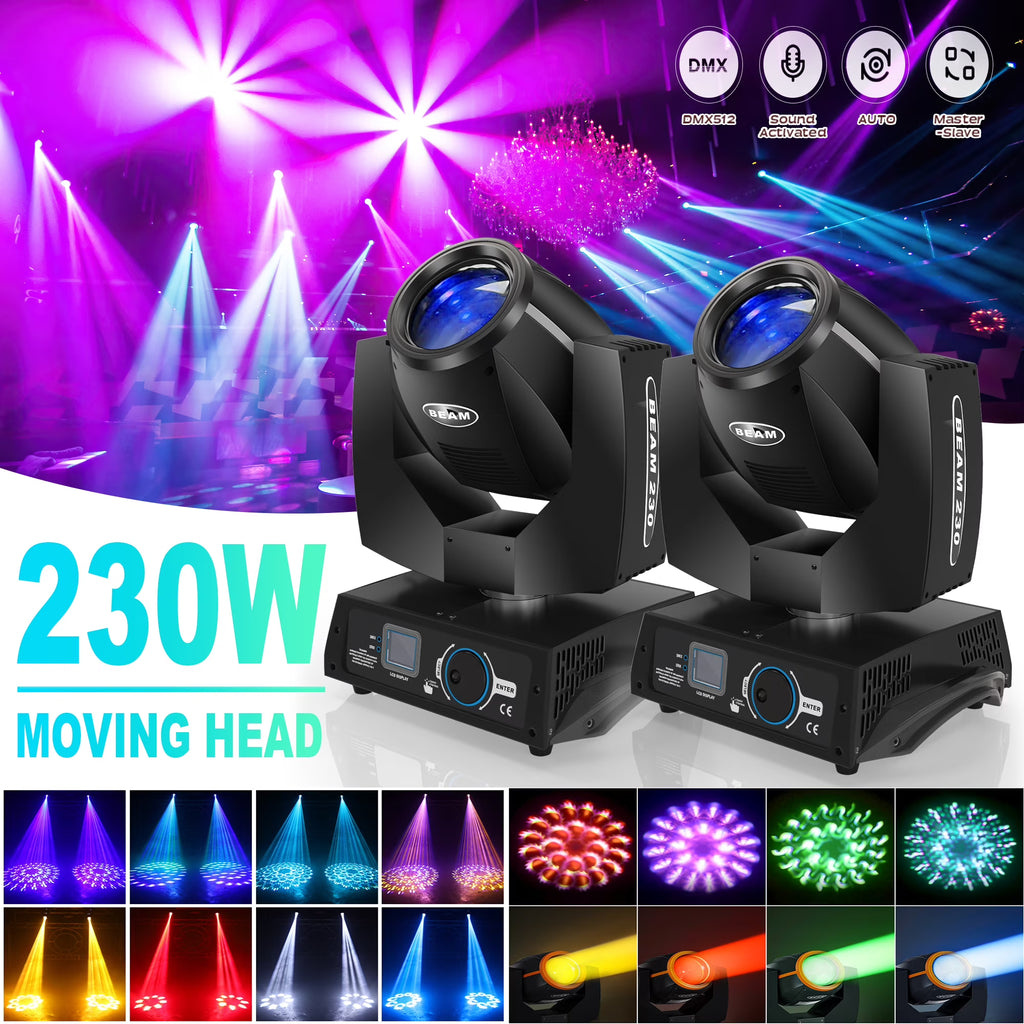 2 Pack 230W Beam Moving Head Light 8 Prisms 17 Gobos RGBW LED DJ Lighting 16CH DMX Control Q1535