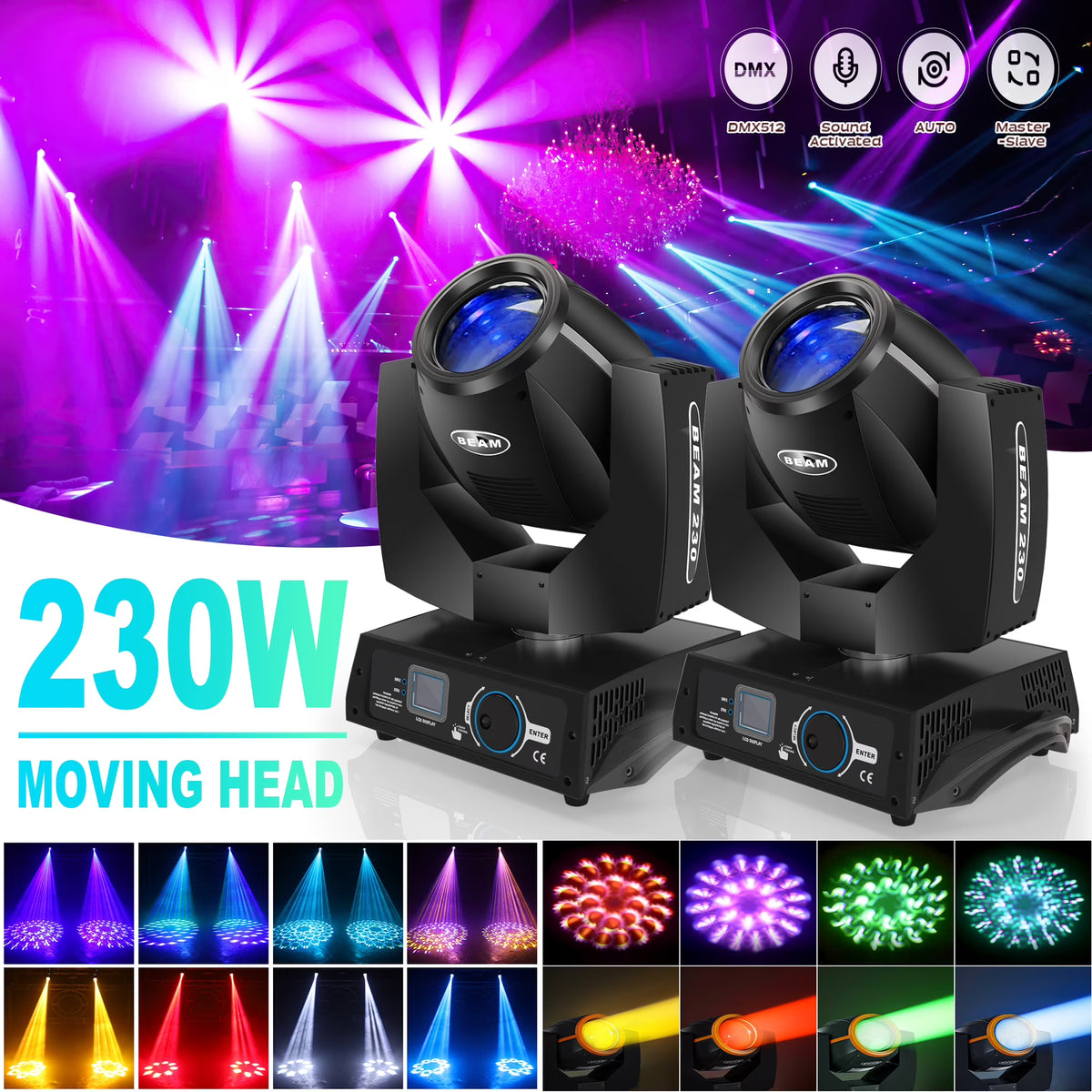 2 Pack 230W Beam Moving Head Light 8 Prisms 17 Gobos RGBW LED DJ Lighting 16CH DMX Control Q1535