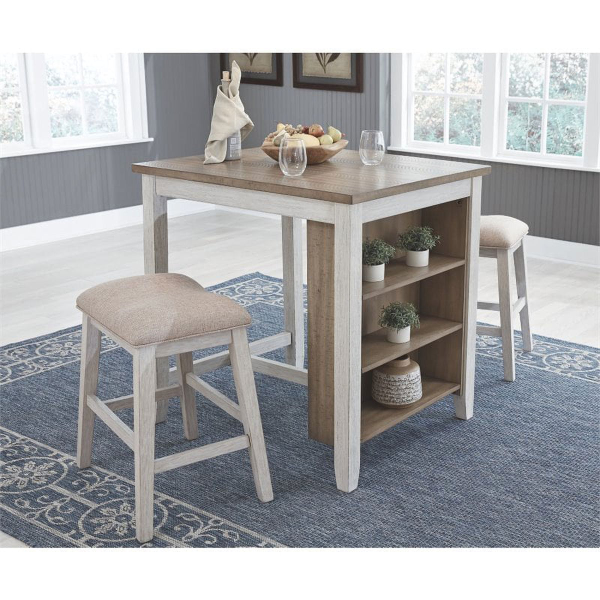 Counter Height Dining Table and Bar Stools Set of 3 White Light Brown I4300