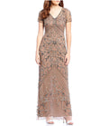 Taupe Petite V-Neck Beaded Gown Q631
