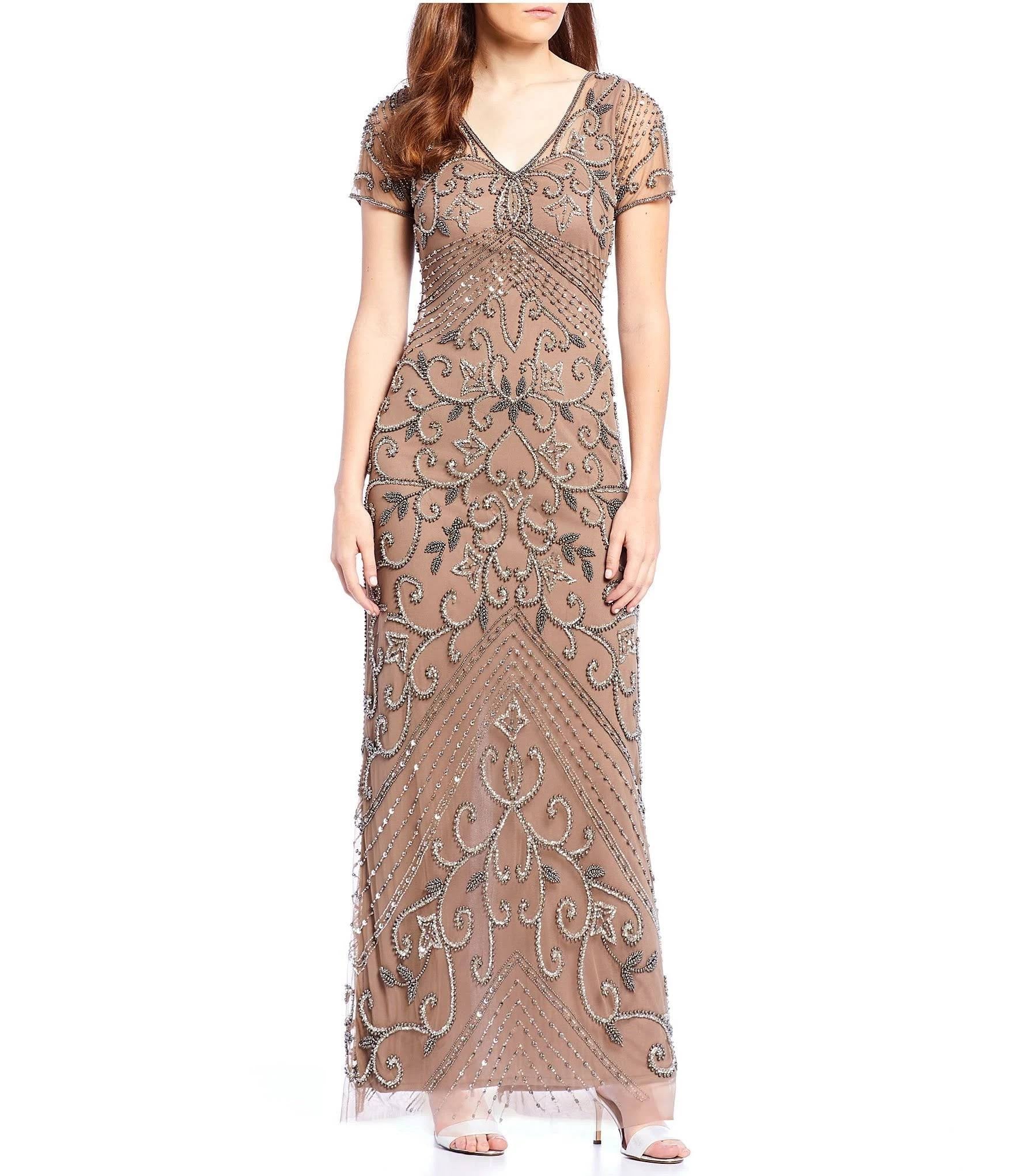 Taupe Petite V-Neck Beaded Gown Q631