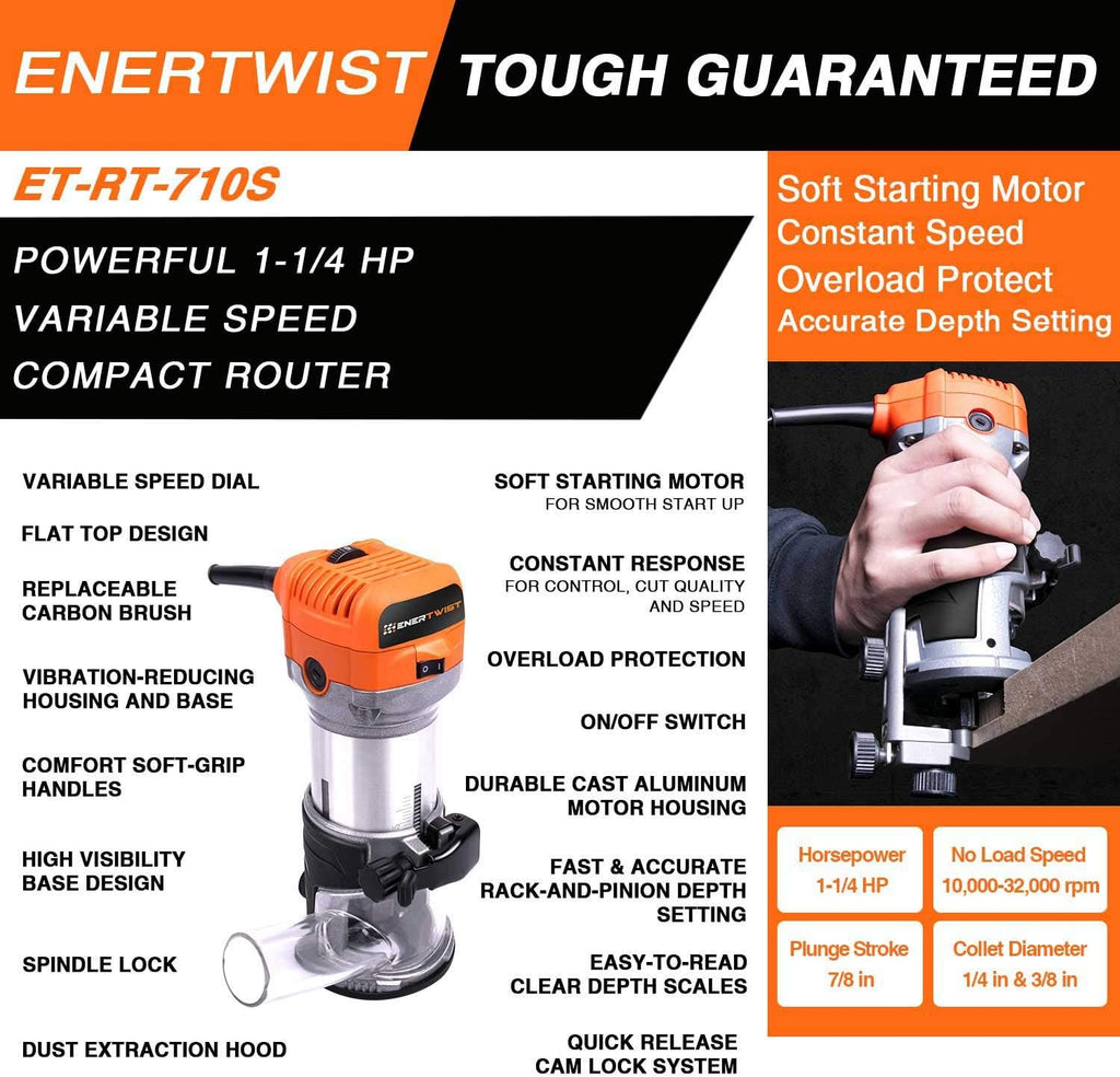 Compact Router Tool, 7.0-Amp 1.25HP Variable Speed Wood Router Kit with Fixed Base, 1/4" & 3/8" Collets, Edge Guide, Dust Hood, Pack of 2 J620