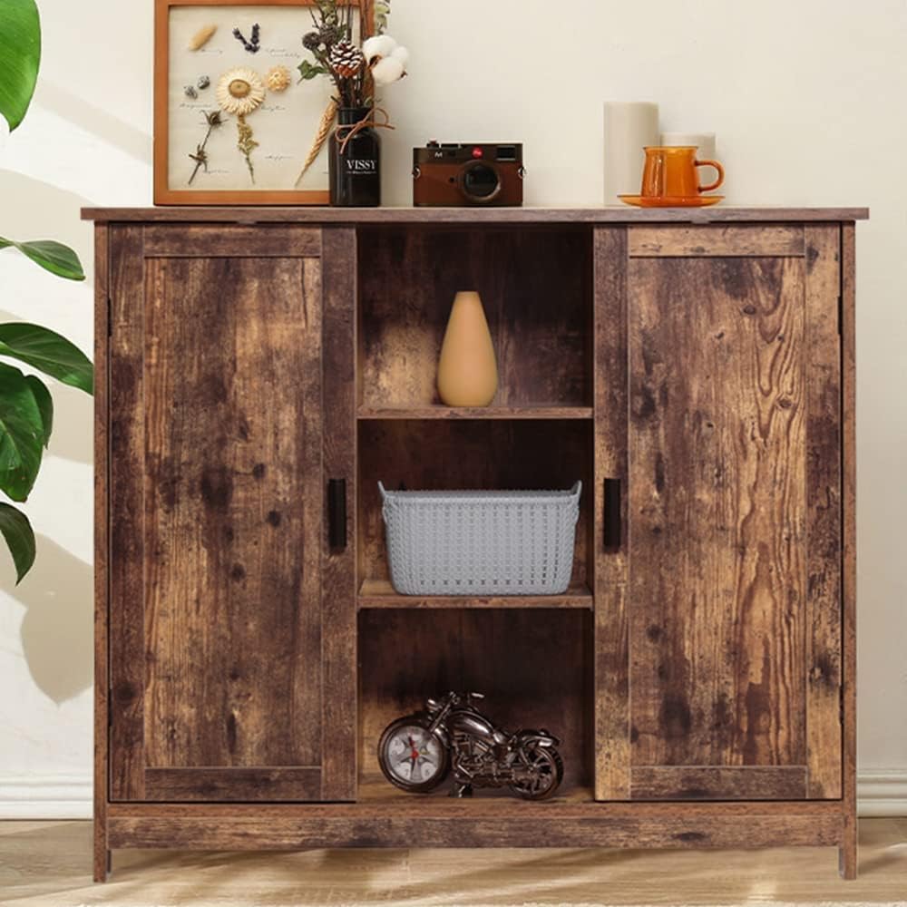 Retro Brown Wooden Floor Storage Cabinet with 2 Doors and 2 Open Shelves O338