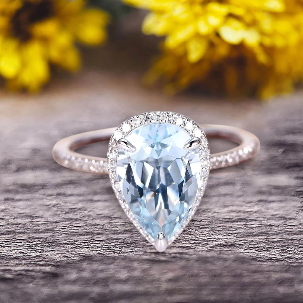 Pear Shaped Aquamarine Engagement Ring 10k White Gold Halo Setting R9062