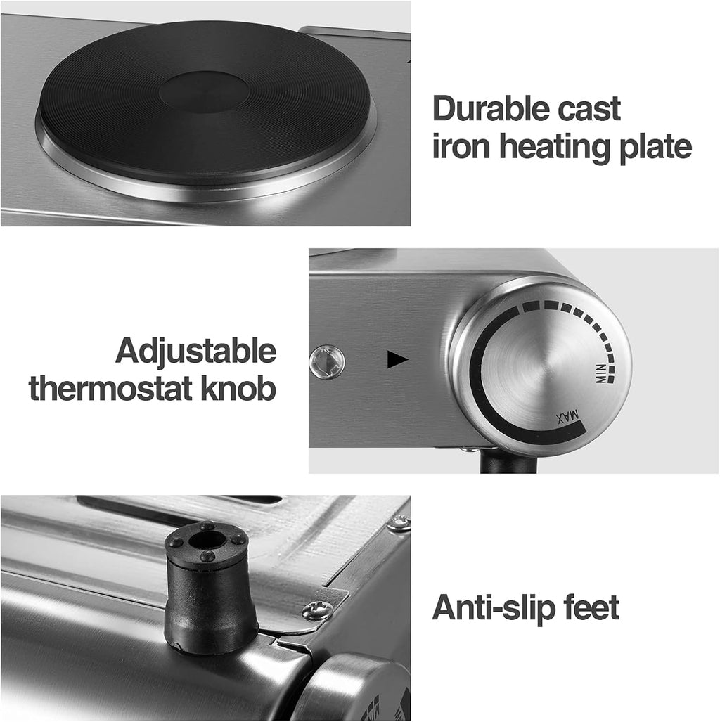1800W Portable Electric Double Burner Hot Plate with Stainless Steel Cooktop U681565