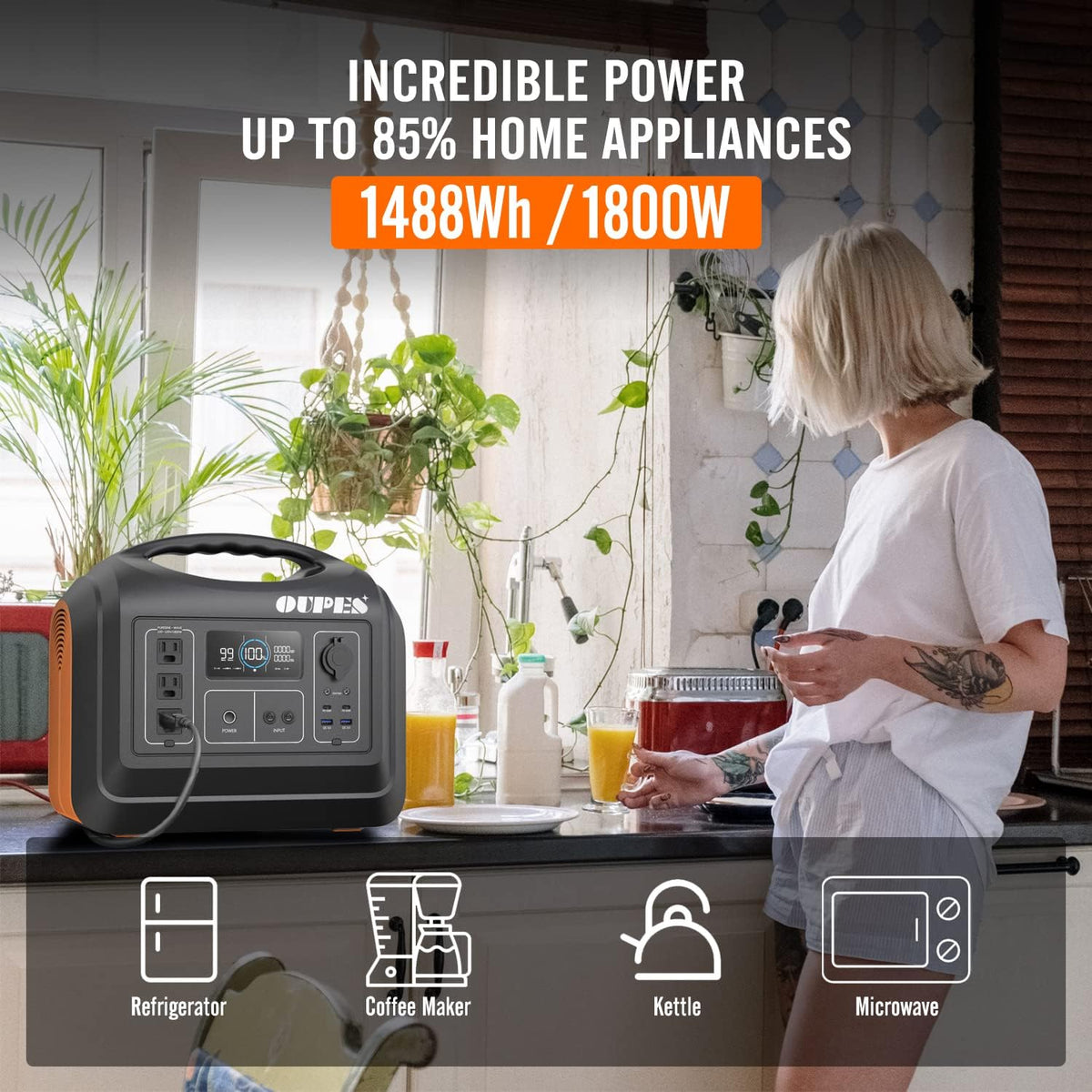 1800W Portable Power Station 1488Wh with 400W Panels, LiFePO4 Battery Backup A3172